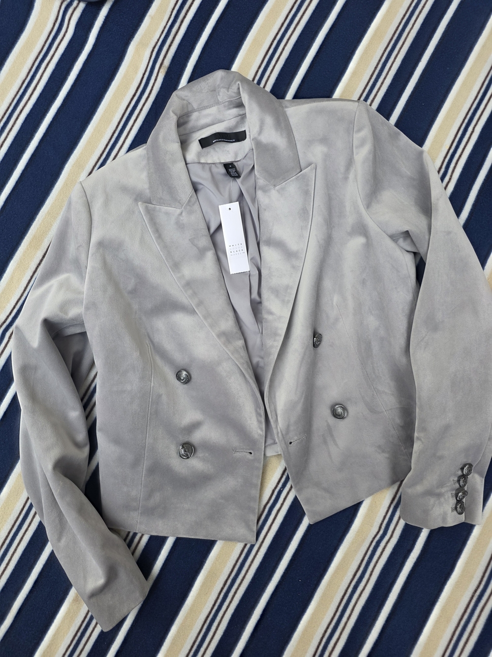 White House Black Market Light Gray Double-Breasted Suede Blazer